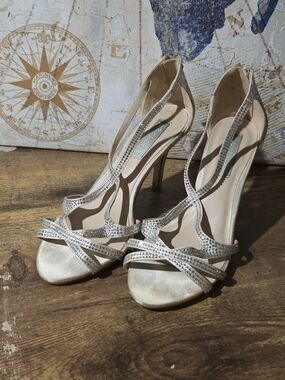 Betsey Johnson Sparkle Open-Toe High Heel Sandals in Champagne